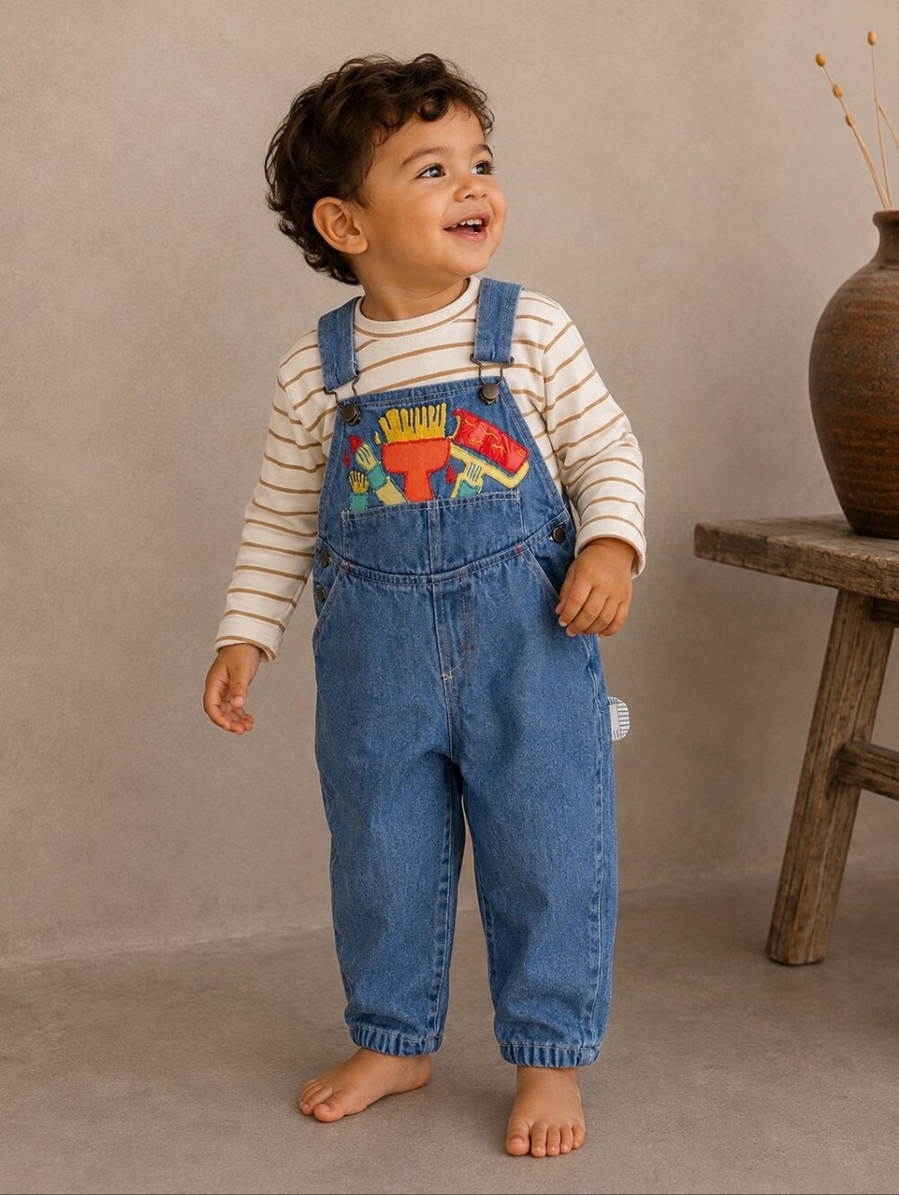 Vintage 90s Denim Overalls 12M Colorful Paint Tool And Brushes Embroidery Baggy